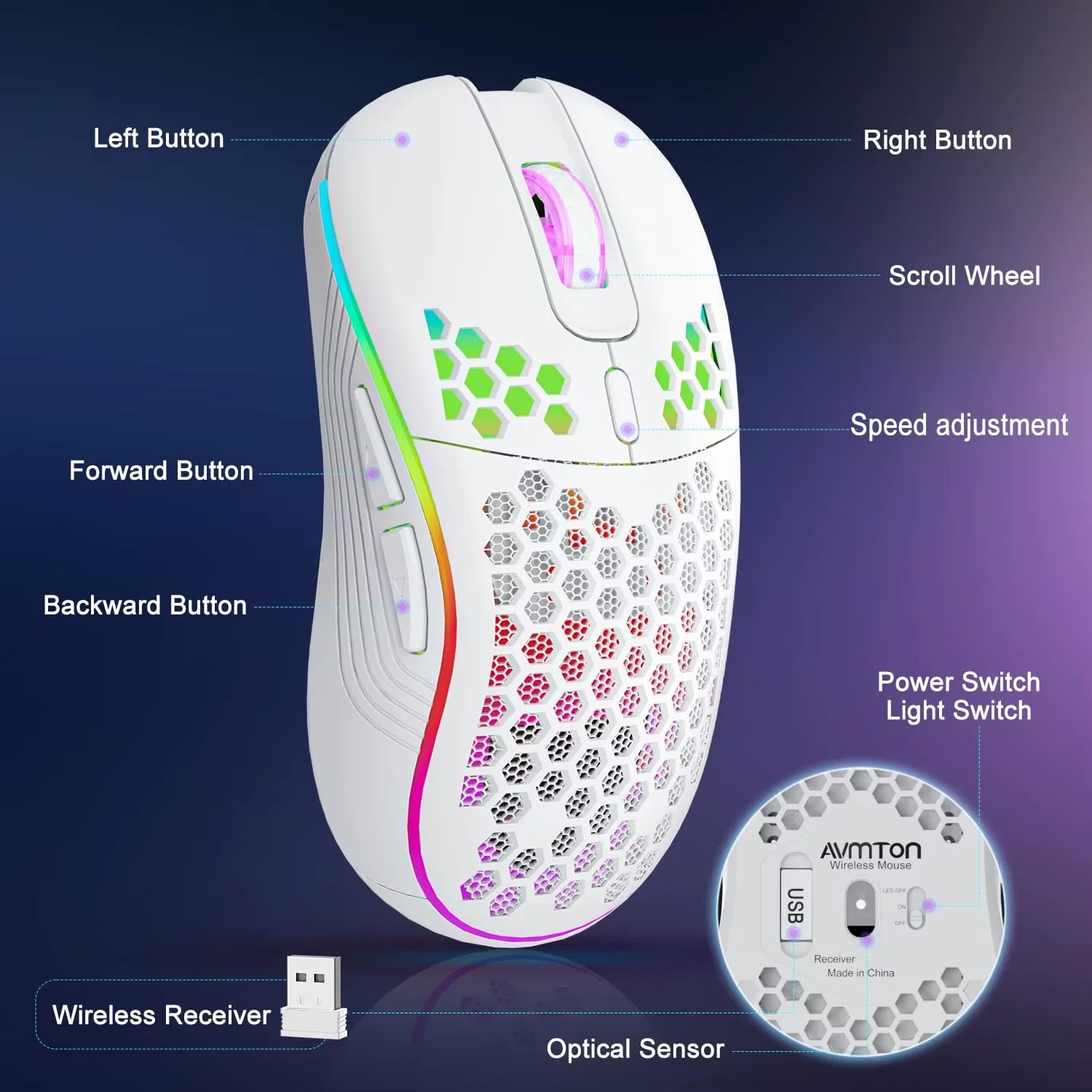 2.4G Wireless Mouse with RGB Backlit 6-Button 3-Speed DPI Type C Rechargeable - Gaming Mouse
