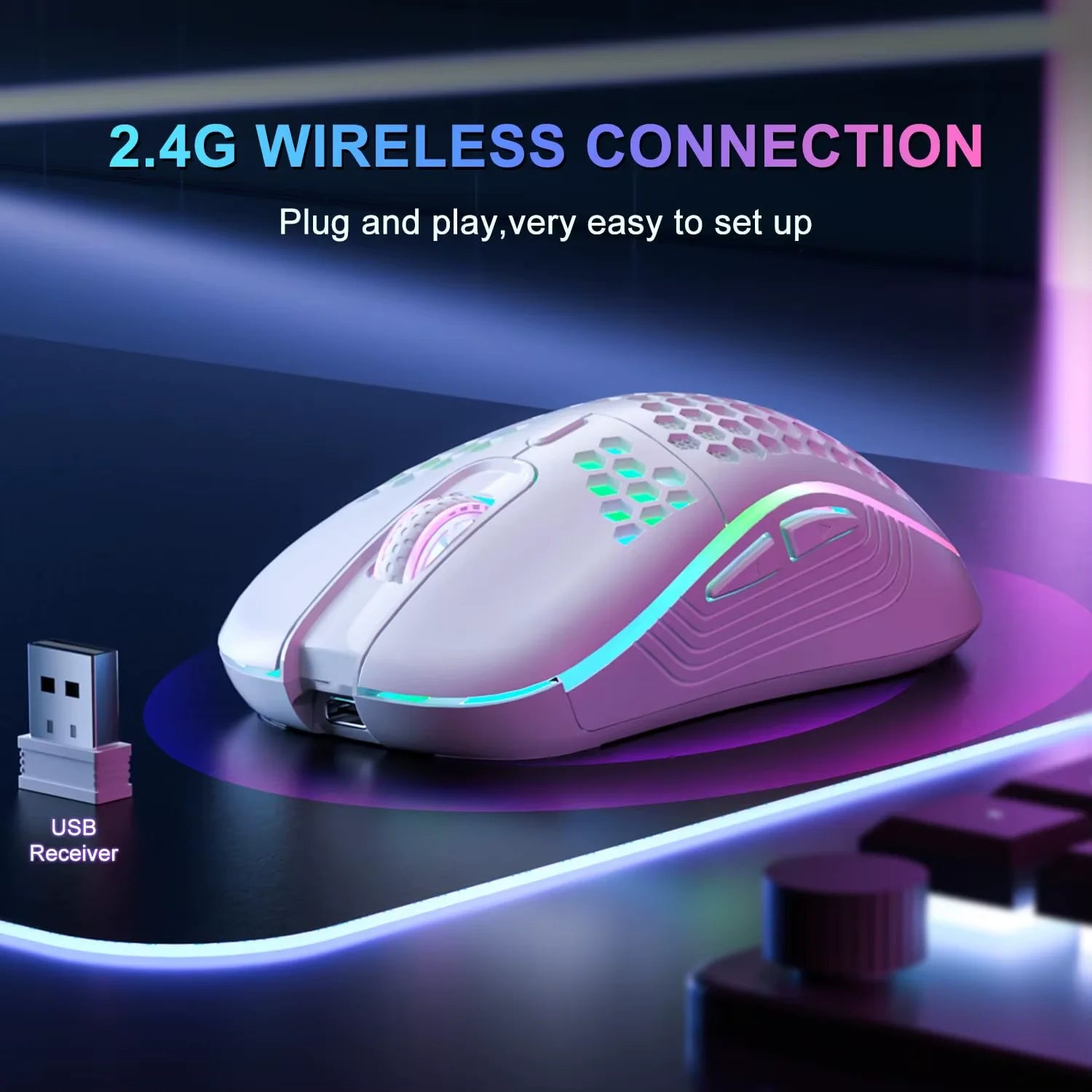 2.4G Wireless Mouse with RGB Backlit 6-Button 3-Speed DPI Type C Rechargeable - Gaming Mouse
